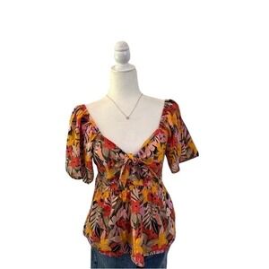 Loft Floral Tie Front Puff Sleeve 100% Cotton Blouse Resortwear Boho Romantic M